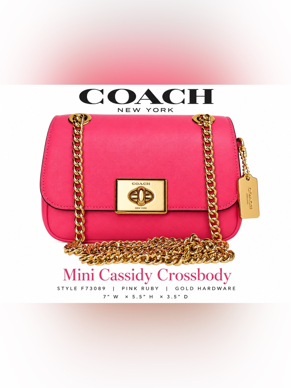 Coach Mini Cassidy F73089 Pink Ruby Leather Gold Chain Crossbody mini Bag Purse